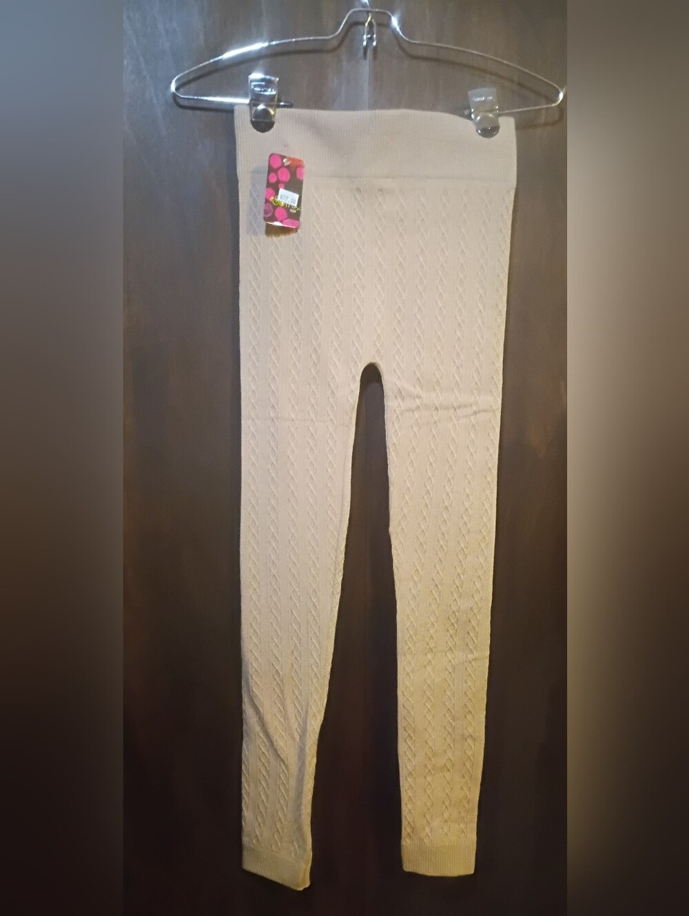 Sofra Seamless Cable Knit Fleece Lined Leggings in a beige/tan color
